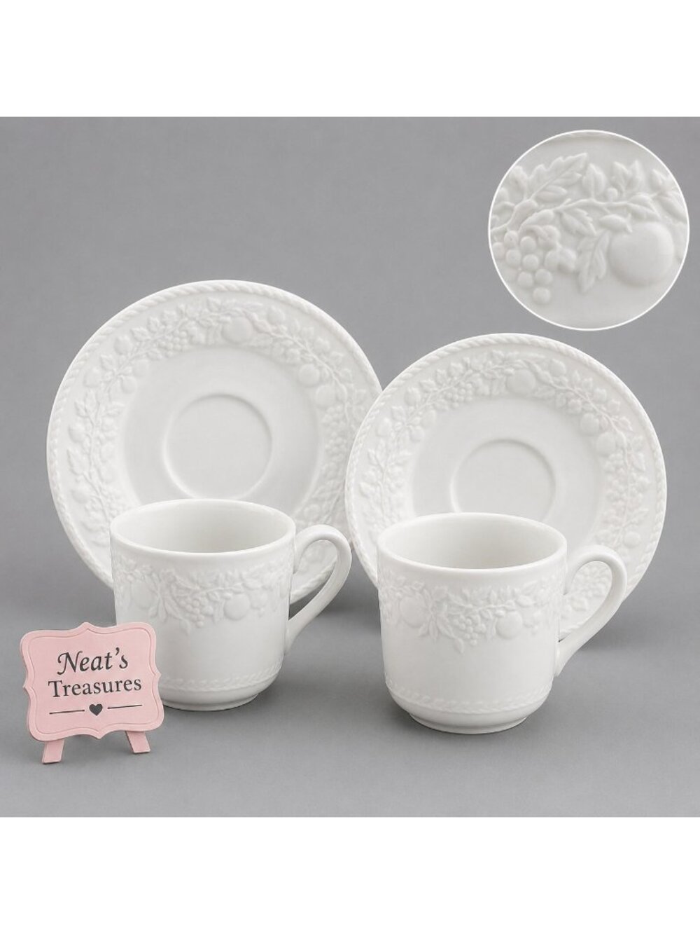 Gibson FRUIT OFF WHITE Stoneware Embossed Fruit Coffee Tea Cups & Saucers Set 2